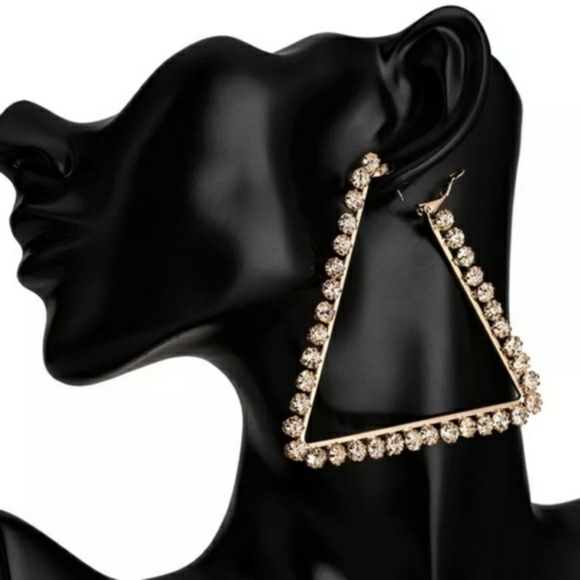 Gold Rhinestone Crystal Triangle Hoop Earrings - Picture 1 of 8